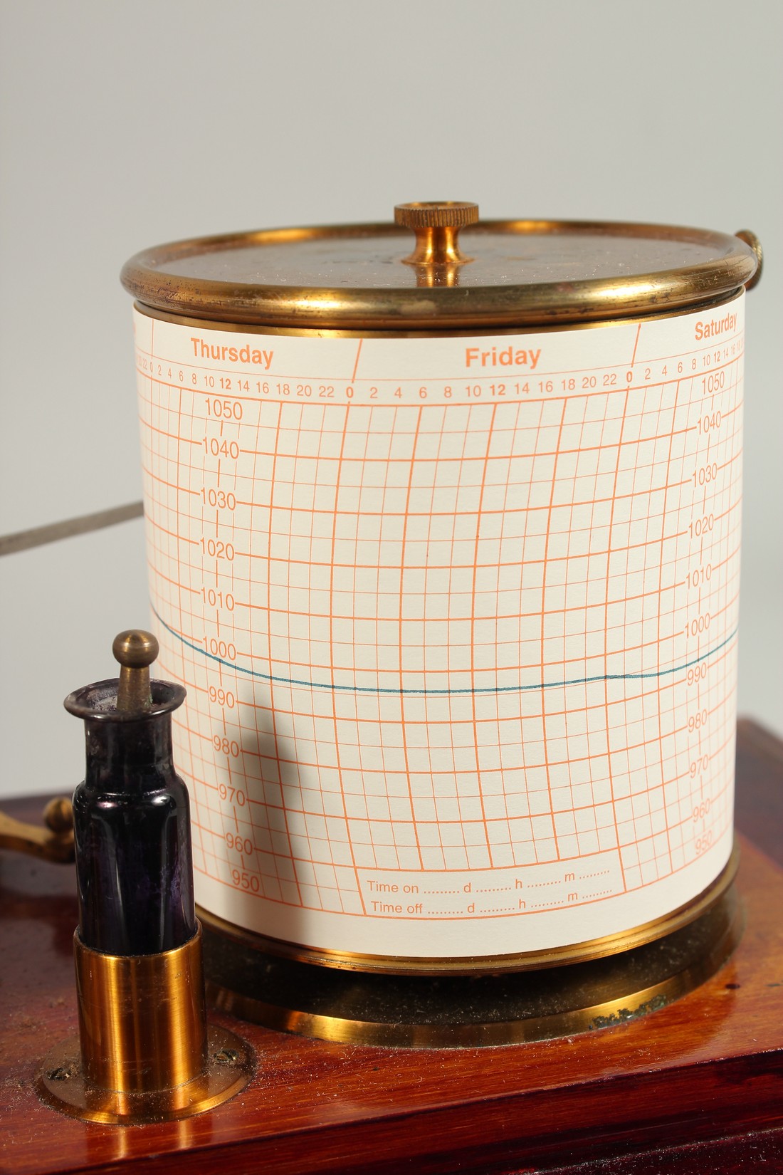 A VERY GOOD BAROGRAPH in a glass and mahogany case with spare charts and ink - Image 7 of 9