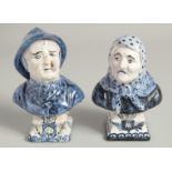 A SMALL PAIR OF DUTCH BLUE AND WHITE BUSTS OF A MAN AND WOMAN. 6ins high