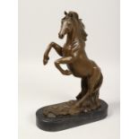 A BRONZE REARING HORSE on a marble base. 12ins high.