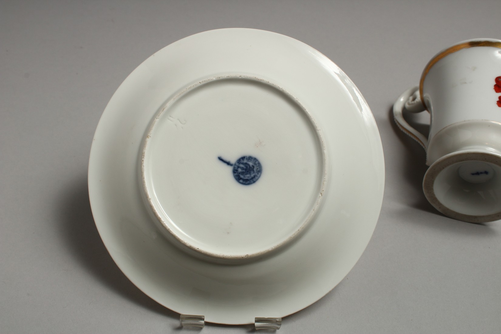 A 19TH CENTURY BERLIN CUP AND SAUCER, white ground edged in gilt. Sceptre mark in blue. - Image 6 of 7