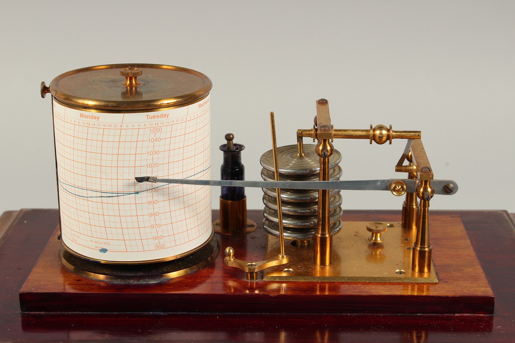 A VERY GOOD BAROGRAPH in a glass and mahogany case with spare charts and ink - Image 3 of 9