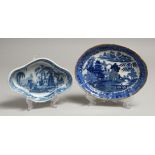 TWO BLUE AND WHITE WILLOW PATTERN DISHES.