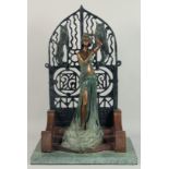 A GOOD LARGE DECO BRONZE GIRL standing by a gate on a marble base. 2ft 2ins high.