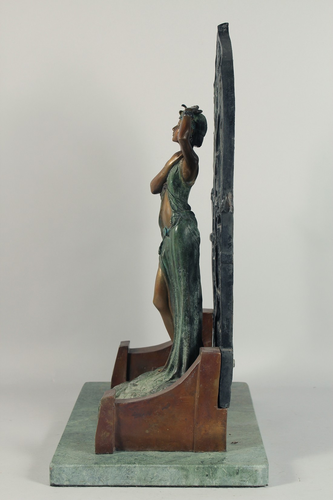 A GOOD LARGE DECO BRONZE GIRL standing by a gate on a marble base. 2ft 2ins high. - Image 5 of 5