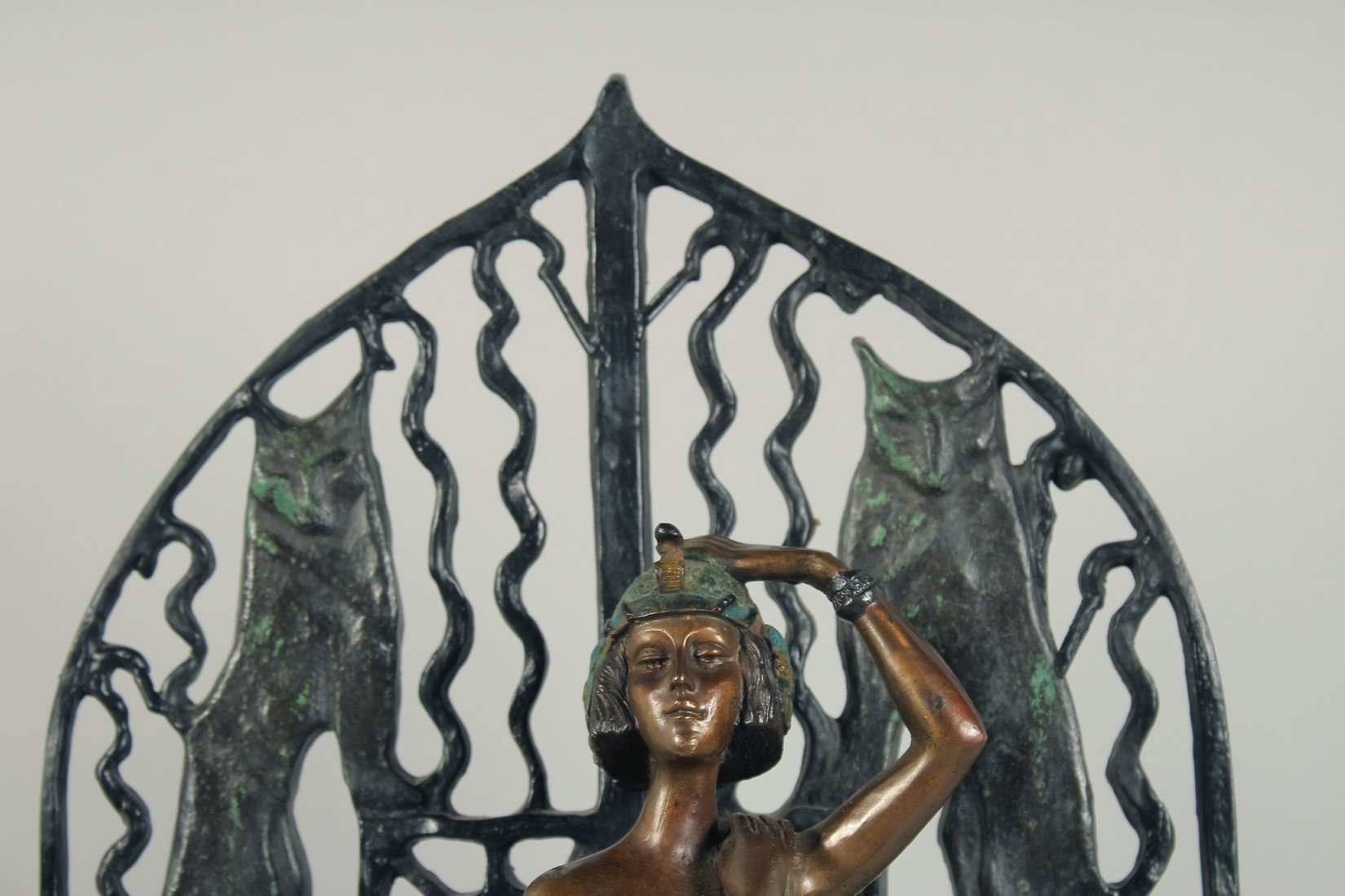 A GOOD LARGE DECO BRONZE GIRL standing by a gate on a marble base. 2ft 2ins high. - Image 3 of 5