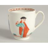 AN 18TH CENTURY WORCESTER COFFEE CUP painted with three Oriental figures and an inner cell border,