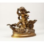 AFTER L. COUSTOU. A 19TH CENTURY GILDED BRONZE OF A CUPID BEING PULLED BY A BUTTERFLY, IN A CHARIOT.