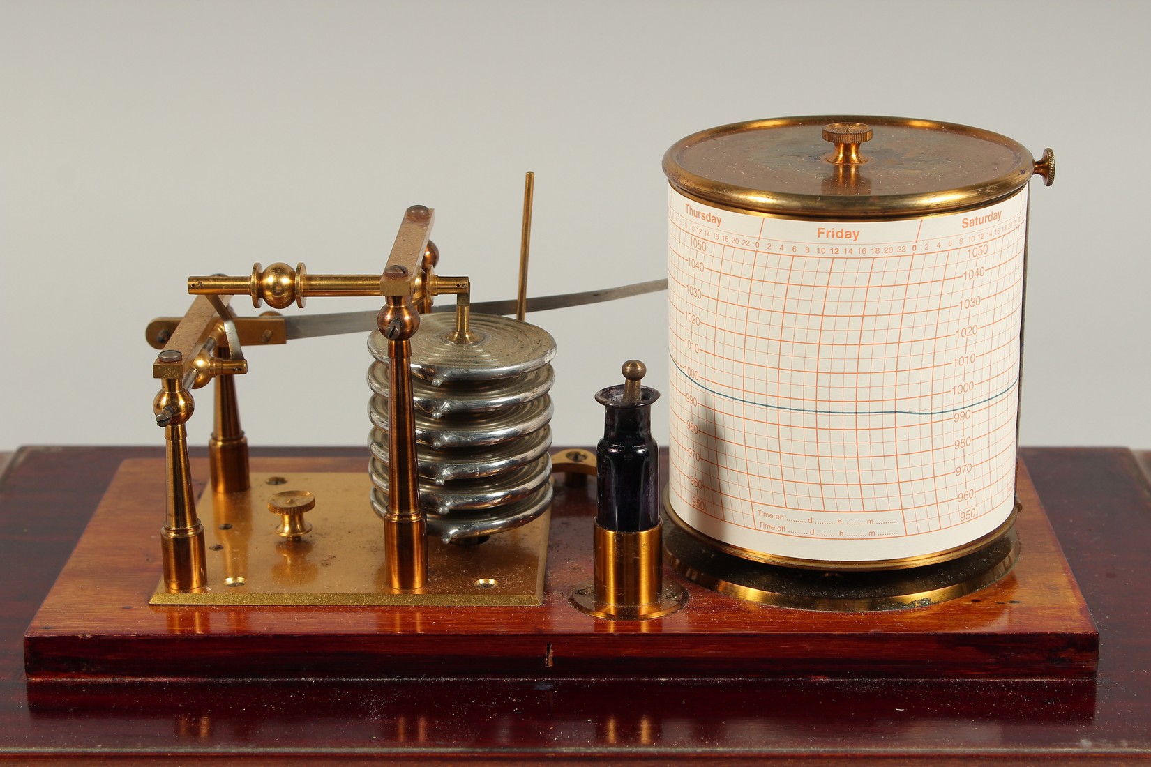 A VERY GOOD BAROGRAPH in a glass and mahogany case with spare charts and ink - Image 4 of 9