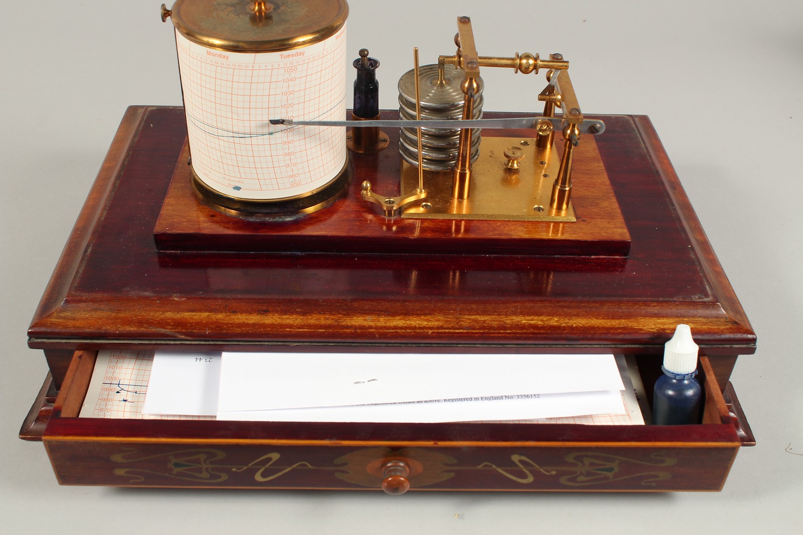 A VERY GOOD BAROGRAPH in a glass and mahogany case with spare charts and ink - Image 8 of 9