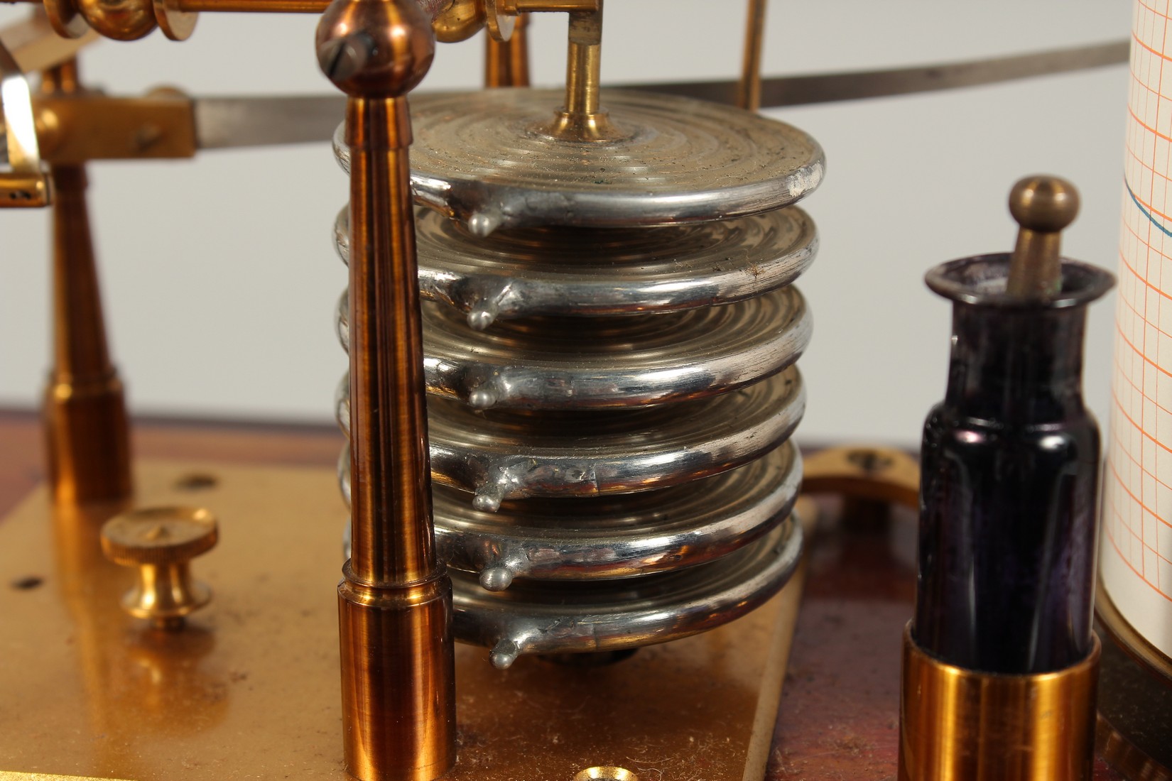 A VERY GOOD BAROGRAPH in a glass and mahogany case with spare charts and ink - Image 5 of 9