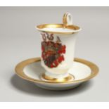 A 19TH CENTURY BERLIN CUP AND SAUCER, white ground edged in gilt. Sceptre mark in blue.