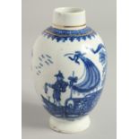 AN 18TH CENTURY WORCESTER TEA CANISTER printed with the Fisherman pattern.