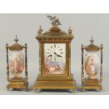 A GOOD THREE PIECE FRENCH CLOCK SET with painted porcelain panels. Clock 14ins high, side piece 9.