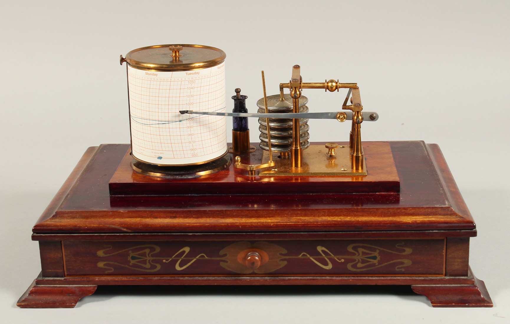 A VERY GOOD BAROGRAPH in a glass and mahogany case with spare charts and ink - Image 2 of 9
