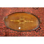 A mahogany and inlaid oval twin handled tray.