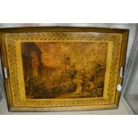 A good large rectangular toleware twin handled tray decorated with a classical scene.