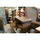 An oak fold-over coffee table, drop-flap coffee table and a small lectern.