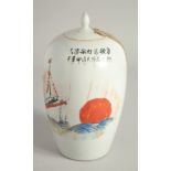 A CHINESE PORCELAIN TEA JAR AND COVER. 9ins high.