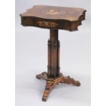 A SUPERB 19TH CENTURY ROSEWOOD INLAID SEWING TABLE, the shaped top with figures, opening to reveal a