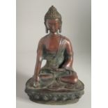 A BRONZE SEATED BUDDHA. 12ins high.