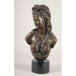 AFTER MAX BLONDEL. A BRONZE BUST OF A YOUNG LADY. Signed. 15ins high on a circular base.