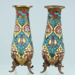 A SMALL PAIR OF 19TH CENTURY FRENCH CLOISONNE ENAMEL VASES with BARBEDIENNE stamp. 4ins high.