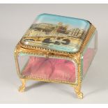 A GOOD SQUARE GLASS AND GILT JEWELLERY BOX, “Besancon” 4ins square.