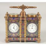 A CLOISONNE ENAMEL DOUBLE CARRIAGE CLOCK. 5ins with carrying handle.