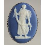 A WEDGWOOD BLUE JASPER AND SILVER BROOCH.