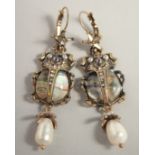 A PAIR OF SCARAB DESIGN DROP EARRINGS.