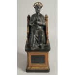 AFTER THE ANTIQUE. A 19TH CENTURY BRONZE SAINT SITTING ON A THRONE 14ins high.