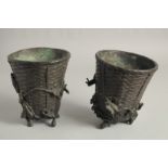 A PAIR OF ORIENTAL FRENCH BRONZE BASKETS with leaves and locks. 6ins high.