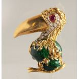 AN 18CT GOLD, RUBY, AND DIAMOND PELICAN BROOCH. Signed, FRASCAROLO. 18.9g