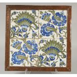 A SET OF FOUR SQUARE PORCELAIN TILES, each 6ins square, possibly WILLIAM DE MORGAN, all four set