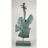 A BRONZE ABSTRACT VIOLIN on a rectangular base. 3ft 4ins high.