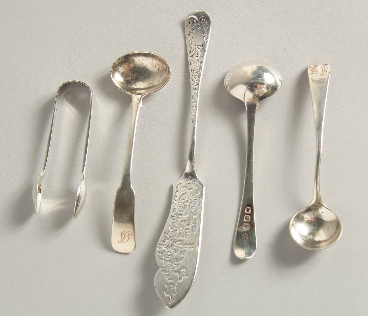 A SILVER BUTTER KNIFE AND MUSTARD SPOONS ETC.