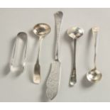 A SILVER BUTTER KNIFE AND MUSTARD SPOONS ETC.