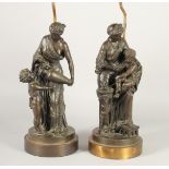 LOUIS SAUVAGEAU, FRENCH, b. 1822, ' FEMME et AMOUR, LE JEU' A VERY GOOD PAIR OF CLASSICAL BRONZES OF