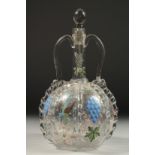 A 19TH CENTURY DUTCH GLASS TWO HANDLED DECANTER AND STOPPER painted with birds and grapes. 11ins