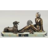 A VERY GOOD ART DECO BRONZE GROUP OF A LADY SEATED HOLDING A FAN in front of a Borzoi on an inlaid