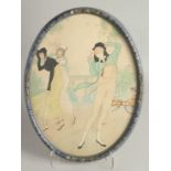 ICART. A FRENCH OVAL WATERCOLOUR, a dandy and ladies. 16ins x 11ins.