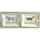TWO HERMES OF PARIS PORCELAIN ASH TRAYS painted with horses. 7.5ins x 6ins.