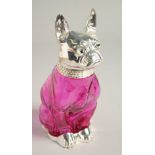 A SILVER PLATED AND CRANBERRY GLASS DOG CLARET JUG. 6ins high.