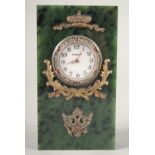A GOOD RUSSIAN JADE, SILVER, AND DIAMOND SET CLOCK. 4.5ins high x 2.25ins wide. Marks, H. W.,
