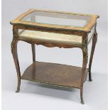 A VERY GOOD 19TH CENTURY FRENCH ROSEWOOD MARQUETRY BIJOUTERIE TABLE with rising glass top, glass