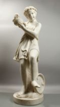 A FINE QUALITY ITALIAN MARBLE SCULPTURE OF A YOUNG CHILD playing cymbals, 44..5ins (113cm) high.