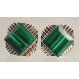 A PAIR OF SILVER AND MALACHITE EAR CLIPS