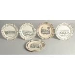 A SET OF FIVE FRENCH ARCHITECTURAL PLATES, some buildings no longer exist. 8ins diameter.
