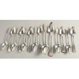 A SET OF TWELVE SILVER FIDDLE PATTERN DESSERT SPOONS AND TWO TABLESPOONS by CHARLES MURRAY. Weight