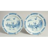A GOOD PAIR OF 18TH CENTURY BLUE AND WHITE PLATES with Chinese design. 8.5ins diameter.